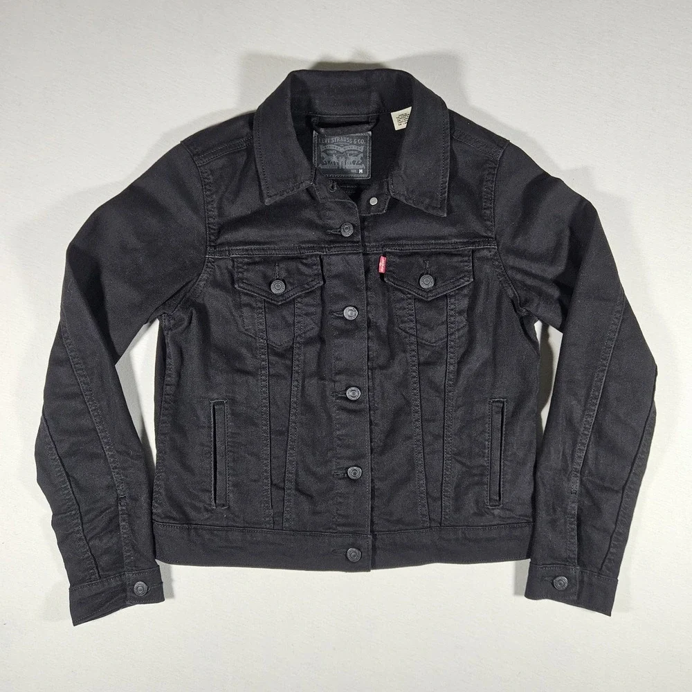 Levi's Denim Trucker Jacket Black Womens Medium Stretch Motorcycle Type III - Picture 2 of 6